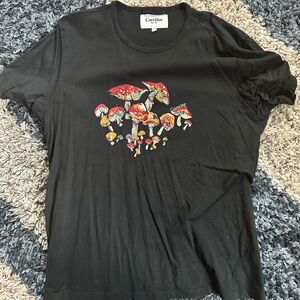 Corridor Black T-Shirt with Red Mushroom Design